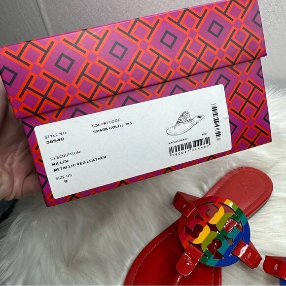 Tory Burch Bright Rainbow Ruby Red Miller Sandals 9 - Picture 7 of 9